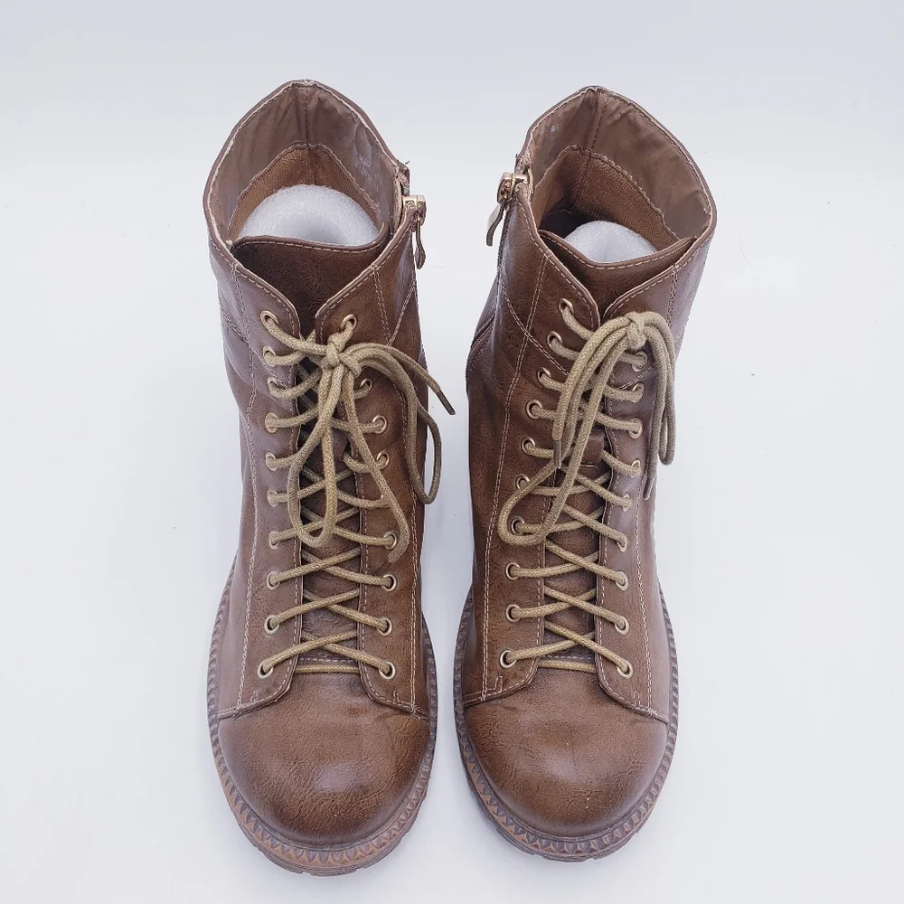 Vintage 90s Y2K Platform Lace Up Boots Chunky Brown Faux Leather Women's Size 10